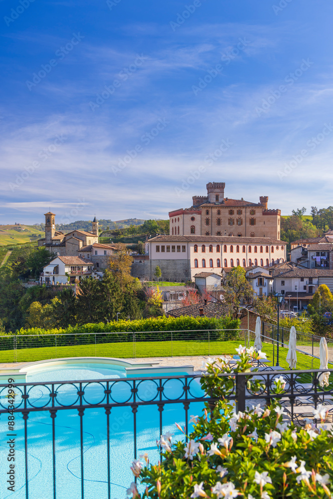 Fototapeta premium Castle and town with vineyard in Barolo, Langhe region, Piedmont, Italy