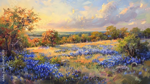 Fototapeta Naklejka Na Ścianę i Meble -  A beautiful landscape painting of a sunset over a field carpeted with vibrant bluebonnets, featuring a colorful sky with scattered clouds and distant horizon.