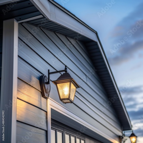 Evening light illuminates a modern house exterior with charming lantern against a twilight sky in a serene neighborhood setting photo