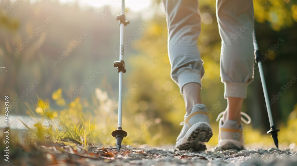 Close up of woman of retirement age engaged in Nordic walking in the park, healthy lifestyle Close up of woman of retirement age engaged in Nordic walking in the park, healthy lifestyle
