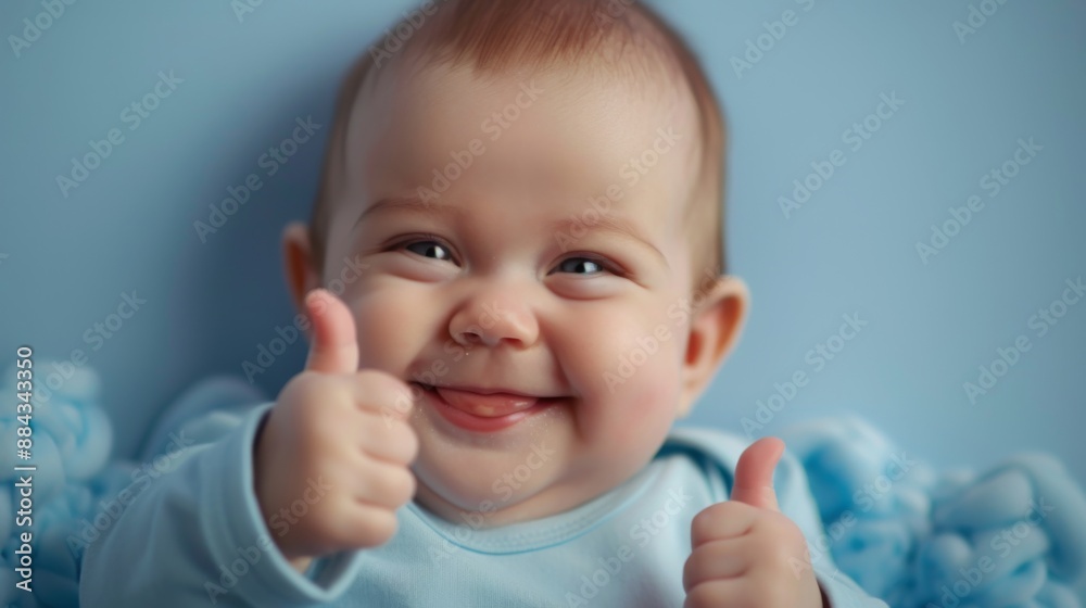 laughing baby with bright eyes and a charming smile, giving a thumbs-up to the camera. laughing baby with bright eyes and a charming smile, giving a thumbs-up to the camera.