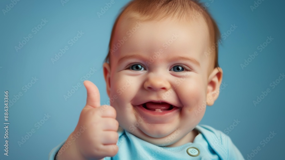 laughing baby with bright eyes and a charming smile, giving a thumbs-up to the camera. laughing baby with bright eyes and a charming smile, giving a thumbs-up to the camera.