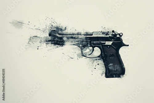 A black and white illustration of a pistol with detailed splatter effects, creating a striking visual
