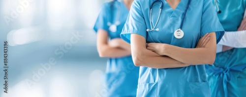 Healthcare workers standing together, hospital setting, symbolizing combined effort and group solidarity in crisis