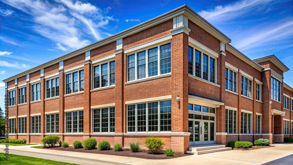 Exterior of American school building with brick facade and large windows, school, building, education, architecture Exterior of American school building with brick facade and large windows, school, building, education, architecture
