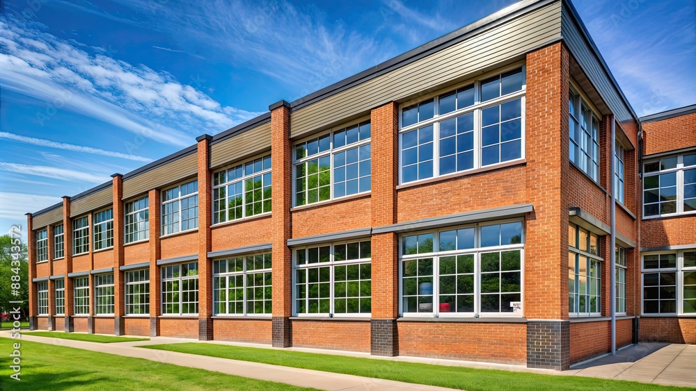 School building exterior with brick facade and large windows, school, building, exterior, brick, windows, American School building exterior with brick facade and large windows, school, building, exterior, brick, windows, American