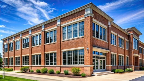 Exterior of American school building with brick facade and large windows, school, building, education, architecture © Sujid