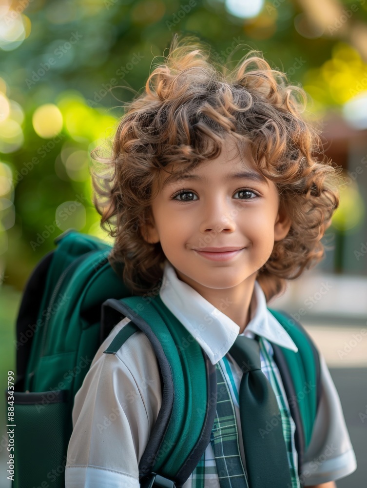 happy real portrait back to school, shows very beautiful little student kid, brazilian latin ethnicity. Dressed in school clothes, uniform. Green backpack on his back. happy real portrait back to school, shows very beautiful little student kid, brazilian latin ethnicity. Dressed in school clothes, uniform. Green backpack on his back.