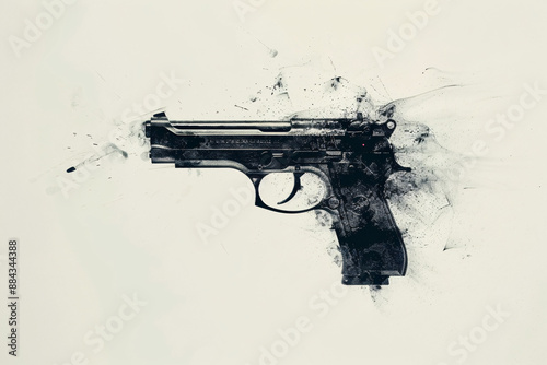 a handgun with black ink splatters creating a dynamic artistic effect