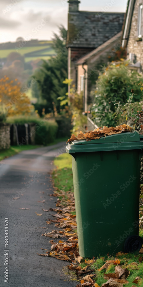 Naklejka premium Green wheelie bin outside a country cottage, overlooking rolling hills
