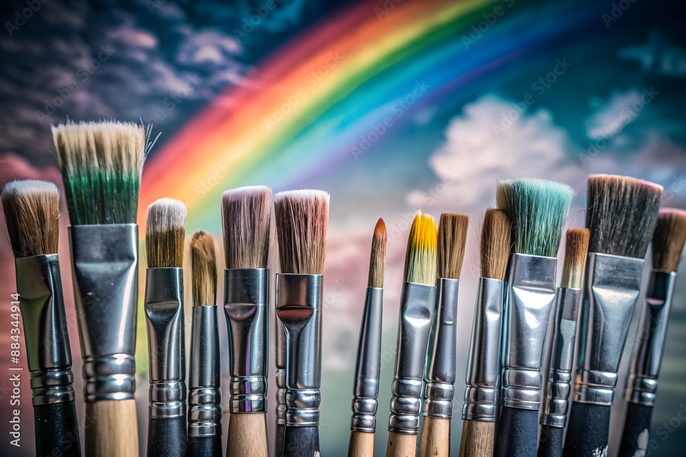 Fototapeta premium Collection of artist brushes with a vibrant rainbow backdrop, symbolizing creativity and diversity in the art world.