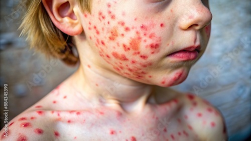 Macro close-up of red, itchy, and inflamed measles rash on a child's skin, caused by viral infection and allergic reaction.