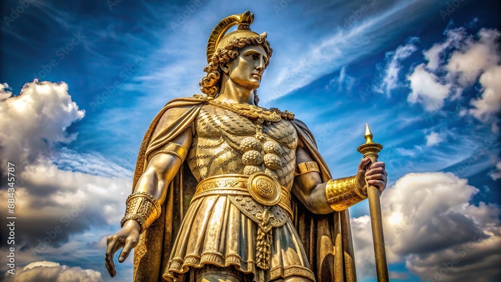 Obraz premium Majestic statue of ancient Greek warrior king Alexander the Great standing proudly on pedestal with intricate stone carvings and gold accents.