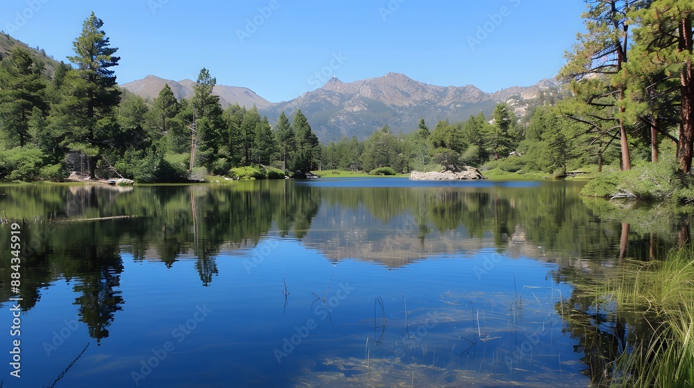 Tranquil lake with crystal-clear water reflecting surrounding trees and mountains, providing a calming and peaceful scene. 