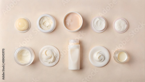 Various skincare products arranged on a pink background, including creams and lotions in jars and bottles for beauty and skincare routine.