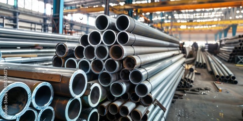 metal warehouse on which steel pipes and steel sheets lie