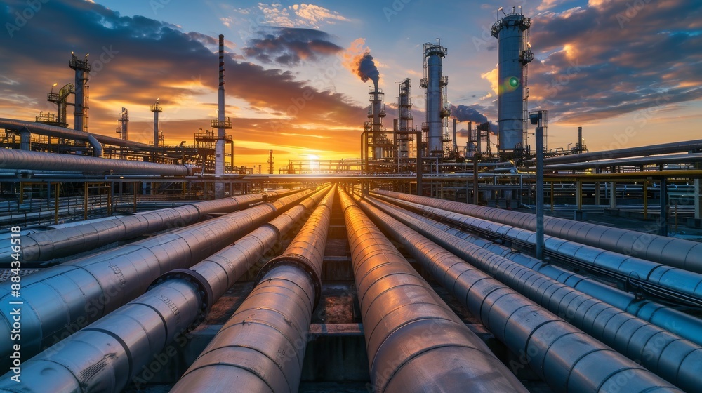 Metal pipes stretch through a crude oil factory as the sun dips below the horizon, casting an ethereal glow over the industrial landscape.
Metal pipes stretch through a crude oil factory as the sun dips below the horizon, casting an ethereal glow over the industrial landscape.