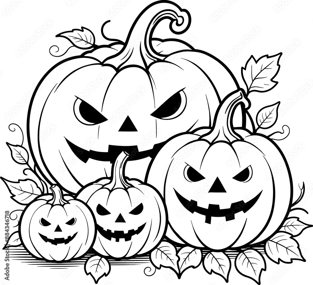 Fototapeta premium Isolated Halloween pumpkin cartoon outline illustration, design element for Halloween, coloring book, vegetable, pumpkins clipart, fall pumpkins, decoration, festive, nursery, children book, drawing