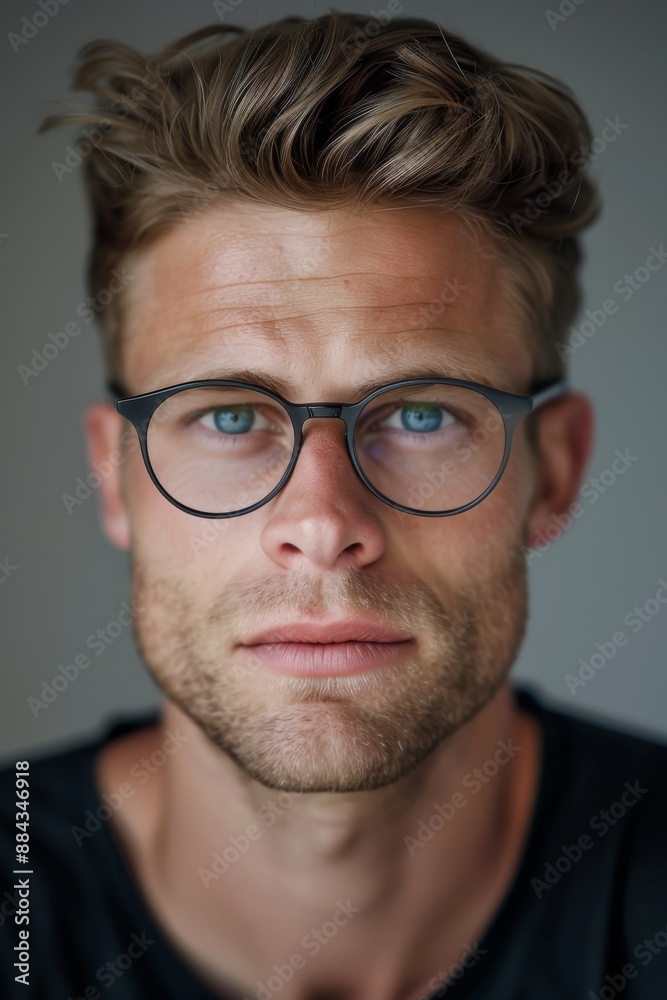 a handsome 25-year-old man with short blond hair, blue eyes behind stylish glasses with thin frames. He has an intellectual and authoritative presence. a handsome 25-year-old man with short blond hair, blue eyes behind stylish glasses with thin frames. He has an intellectual and authoritative presence.