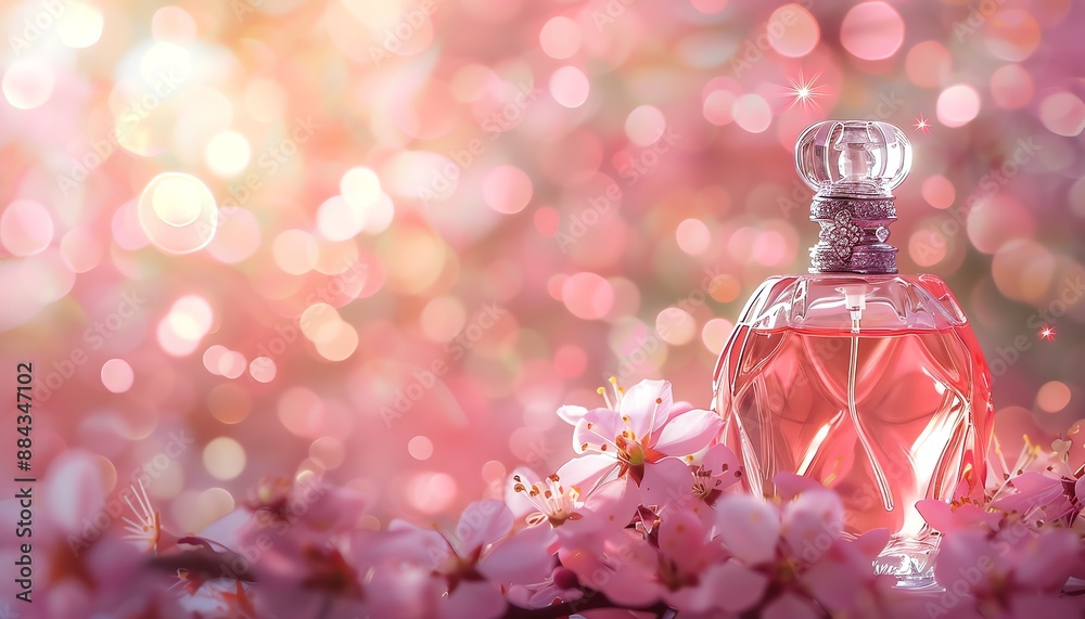 Create an image of a perfume bottle made of pink crystal. The bottle should be surrounded by pink flowers and placed on a pink background. The image should be soft and romantic. Create an image of a perfume bottle made of pink crystal. The bottle should be surrounded by pink flowers and placed on a pink background. The image should be soft and romantic.