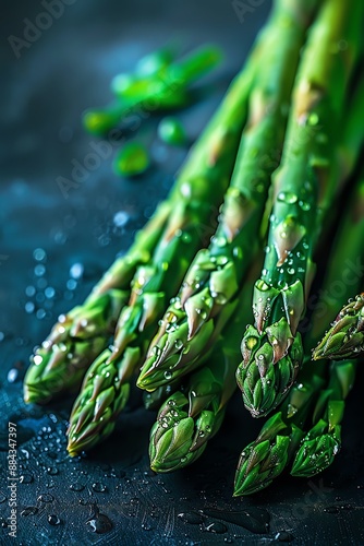A close-up image of a bunch of fresh green asparagus. The asparagus is wet and has drops of water on it. The background is dark blue.