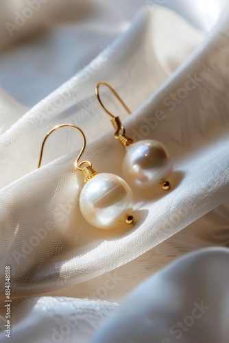 Two white pearl drop earrings with gold wire wrap sit on a white fabric background photo