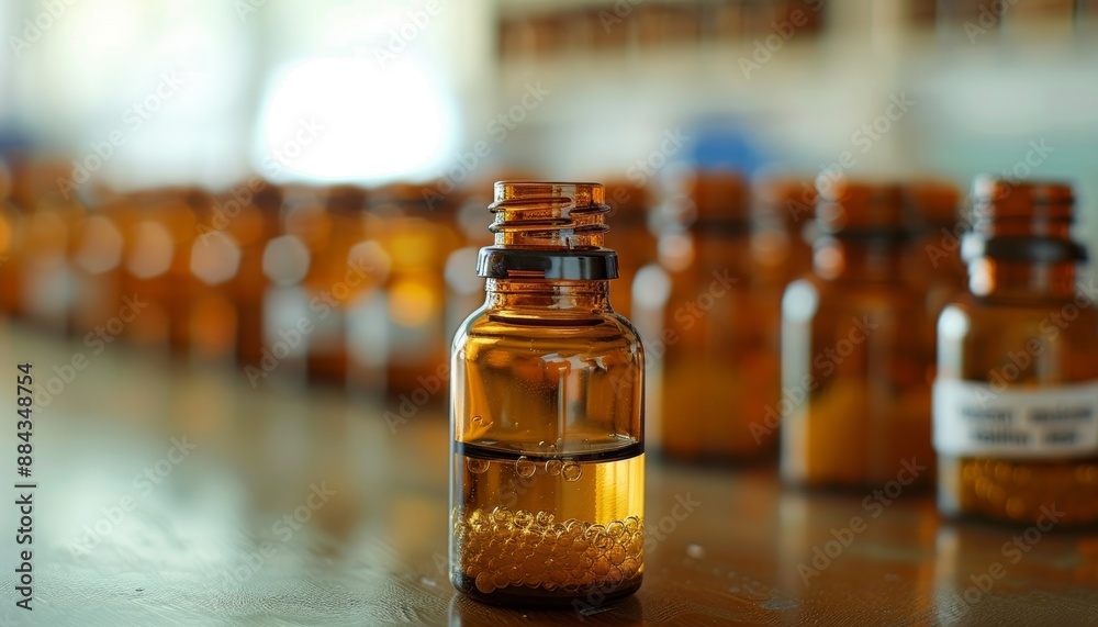 Close-up of a small amber glass bottle on a blurred background of similar bottles, commonly used for essential oils or laboratory samples. Close-up of a small amber glass bottle on a blurred background of similar bottles, commonly used for essential oils or laboratory samples.