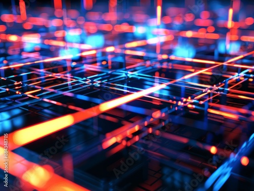 A close-up of a digital network with red and blue lights © koala studio