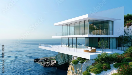 Modern glass house on a cliff overlooking the ocean, bright midday light, wideangle lens, ultrarealistic style