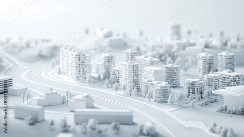 Fototapeta Naklejka Na Ścianę i Meble -  Mini city model, white building, The buildings and roads on white background, 3d rendering
