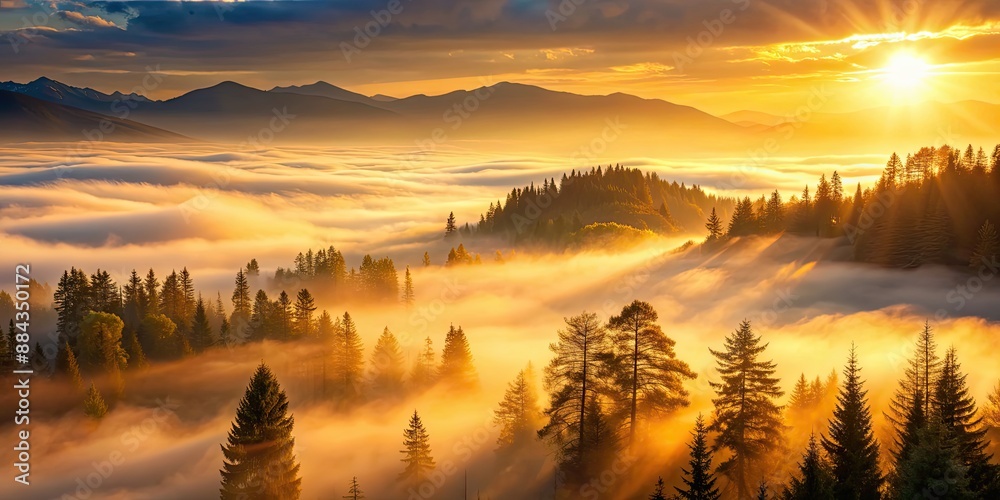 Obraz premium Sunrise in the mountains with mist-covered trees and golden fog , Sunrise, mountains, mist, trees, golden, sunlight, beauty