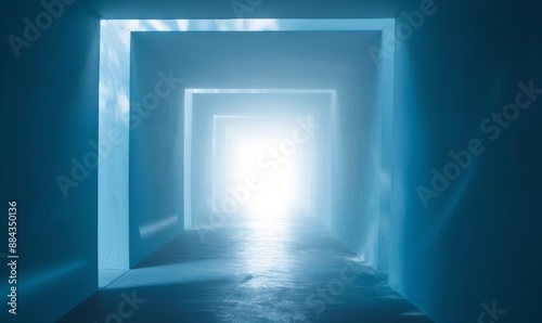 An enigmatic passageway stretches forward, enveloped in soothing blue tones, creating a calming and ethereal ambiance.