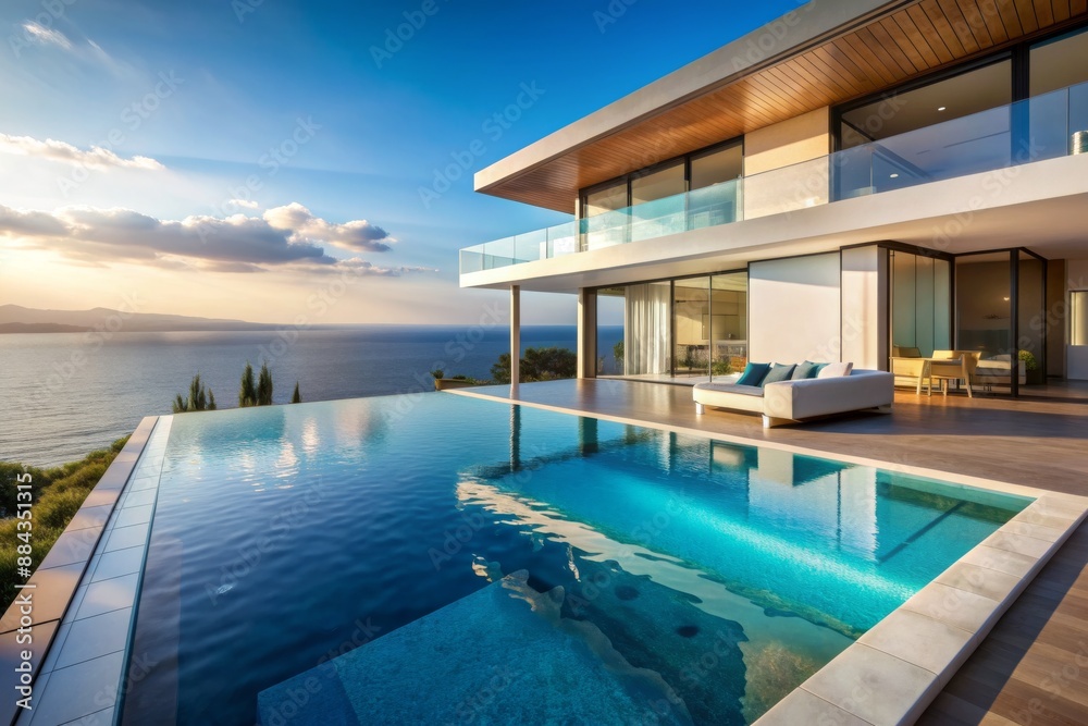 Fototapeta premium A large house with a pool and a balcony overlooking the ocean