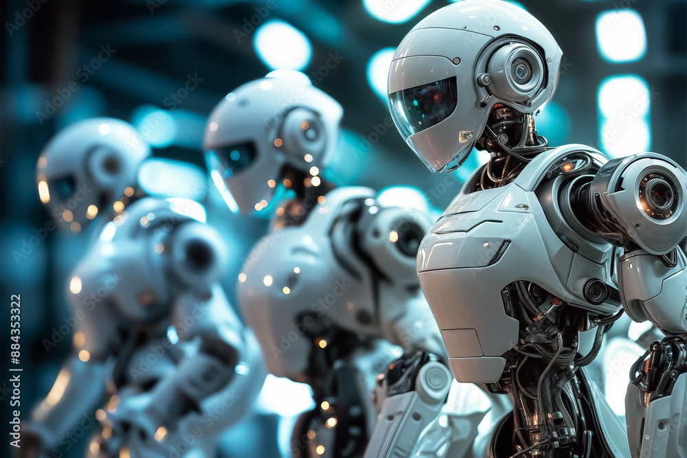 Fototapeta premium Android robots. Three white robots. Sky-Fi robots are ready