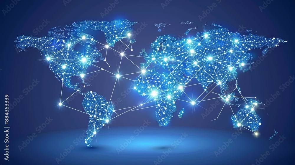 Obraz premium Global Network Connections, Digital World Map with Lines and Nodes. Technology and Communication
