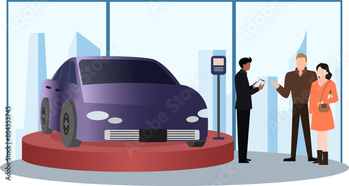 Car dealer showing a car to a couple in showroom vector illustration, car sale, Dealership center