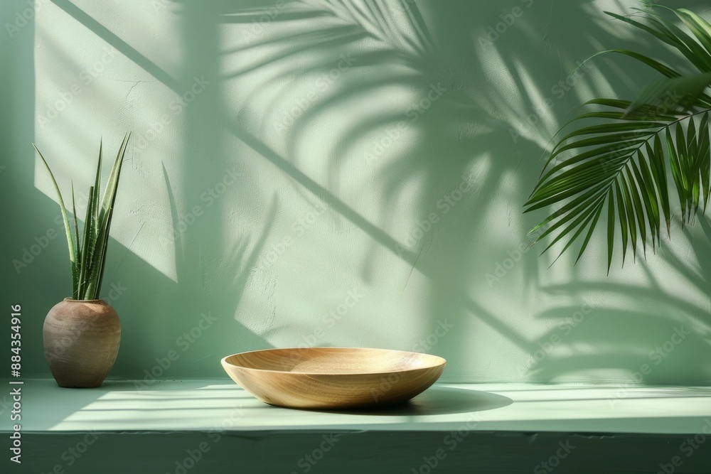 Minimalistic and modern interior with green plant and wooden bowl in sunlight Minimalistic and modern interior with green plant and wooden bowl in sunlight