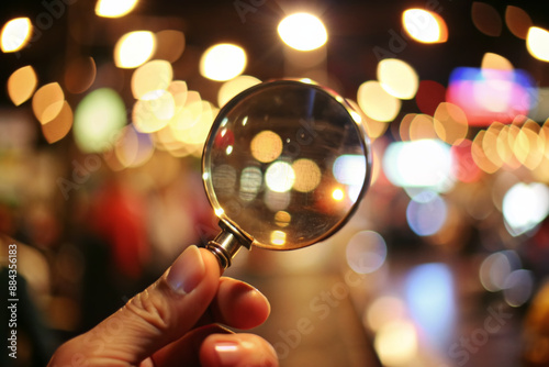 Close-up of a magnifying glass held by an invisible hand, focusing on a blurred background, with a shallow depth of field and warm lighting effect. photo