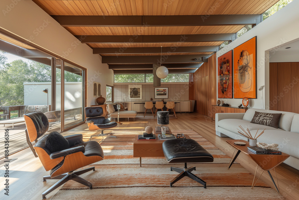 Mid-century modern interior, living space, livingroom Mid-century modern interior, living space, livingroom