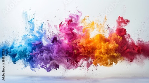 Multicolored inks explode, swirling into vibrant clouds, forming a dynamic and vibrant artistic display of color and motion.