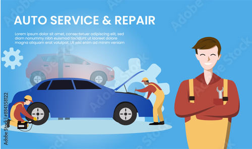 car service and repair banner template, Auto repair shop vector illustration website template
