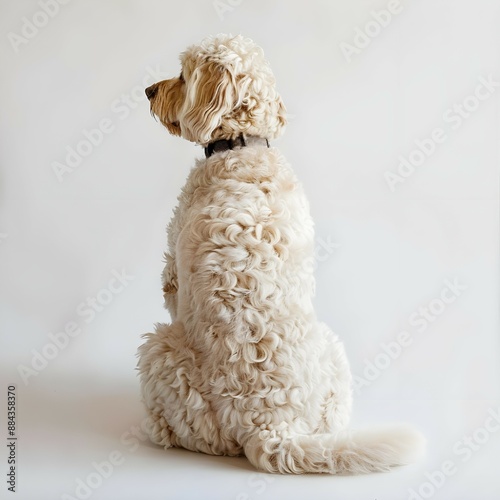 White and Tan Bordoodle Sitting from Behind on White Background