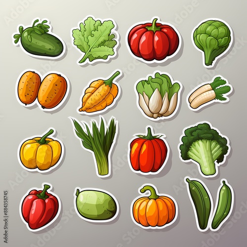 Colorful vegetable stickers for educational materials, marketing, packaging, and product branding.