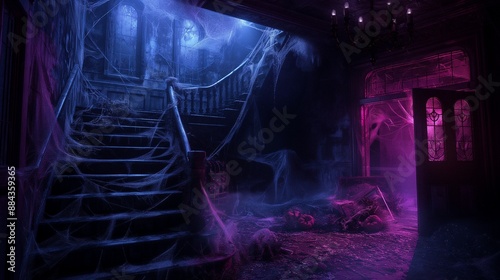 haunted house interior, illuminated by eerie neon lighting and covered in cobwebs