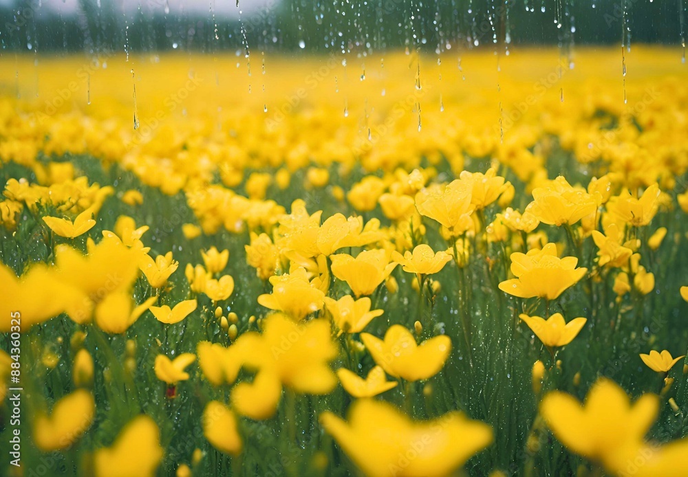 Obraz premium Picture of a field of yellow flowers when it rains Stock photos, templates
