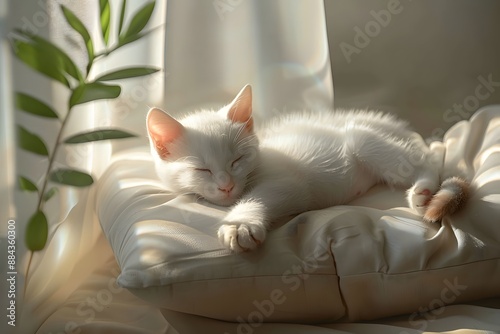 Adorable white kitten sleeping peacefully on a soft pillow near a window photo