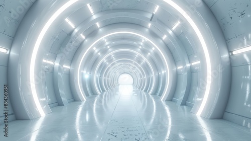 A sleek, brightly lit futuristic tunnel with white lights, suggesting a journey towards infinite possibilities and exploration. photo