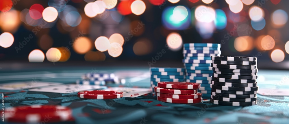 Fototapeta premium Vibrant online casino advertisement, showcasing poker tables and exciting betting opportunities, capturing the thrill of online gambling entertainment