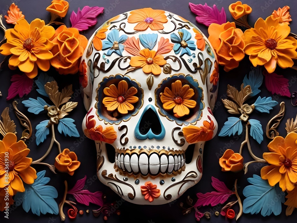 A colorful sugar skull with marigold flowers A colorful sugar skull with marigold flowers