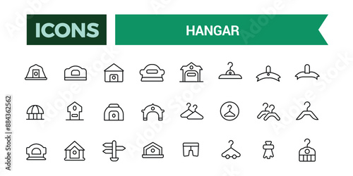 Hangar icons set. Outline set of hangar vector icons for ui design. Outline icons pack. Editable vector line icon set and illustration for web and UI application.